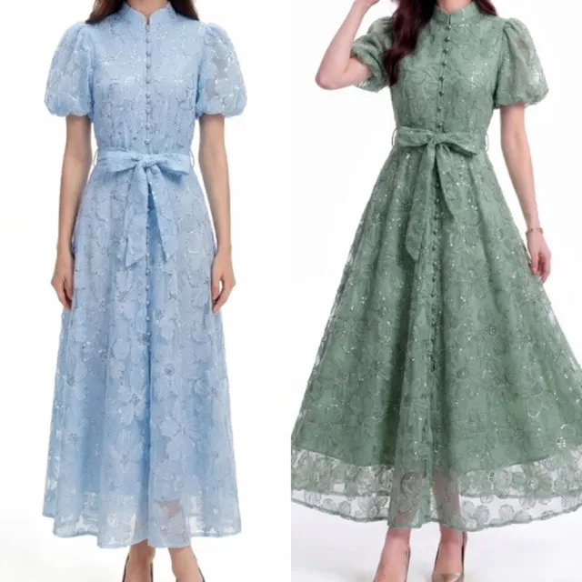 【米蘭精品】現貨出清 蕾絲連身裙法式名媛洋裝長裙小禮服宴會女裝-立領泡泡袖緞帶女裙子4色t1og6
