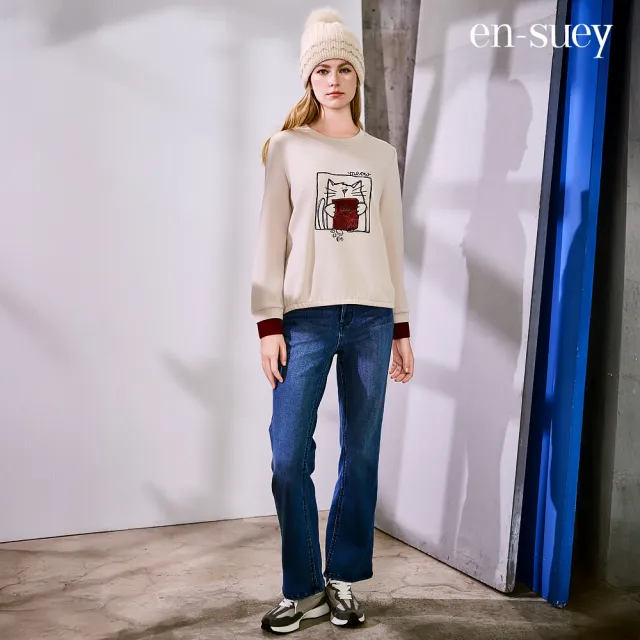 【en-suey 銀穗】網路限定 撞色拼接貓咪印花上衣-女