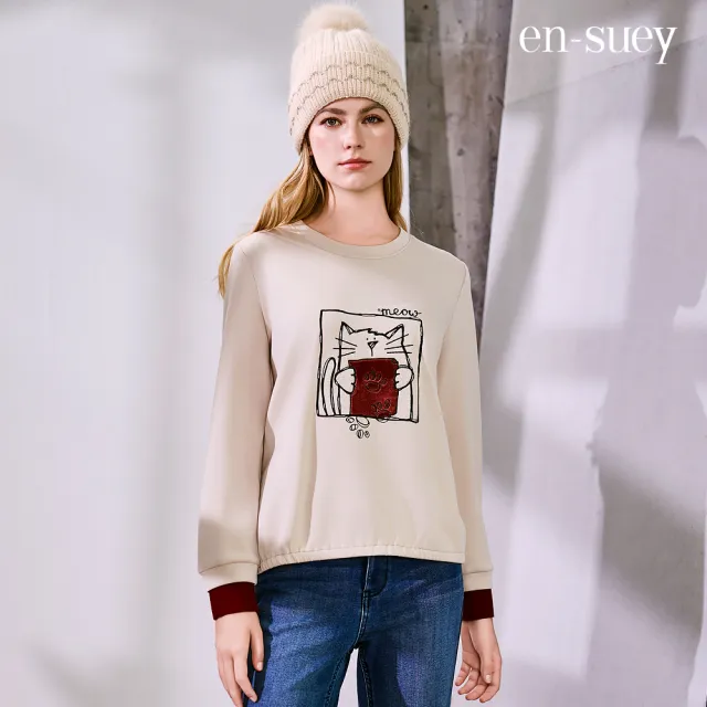 【en-suey 銀穗】網路限定 撞色拼接貓咪印花上衣-女