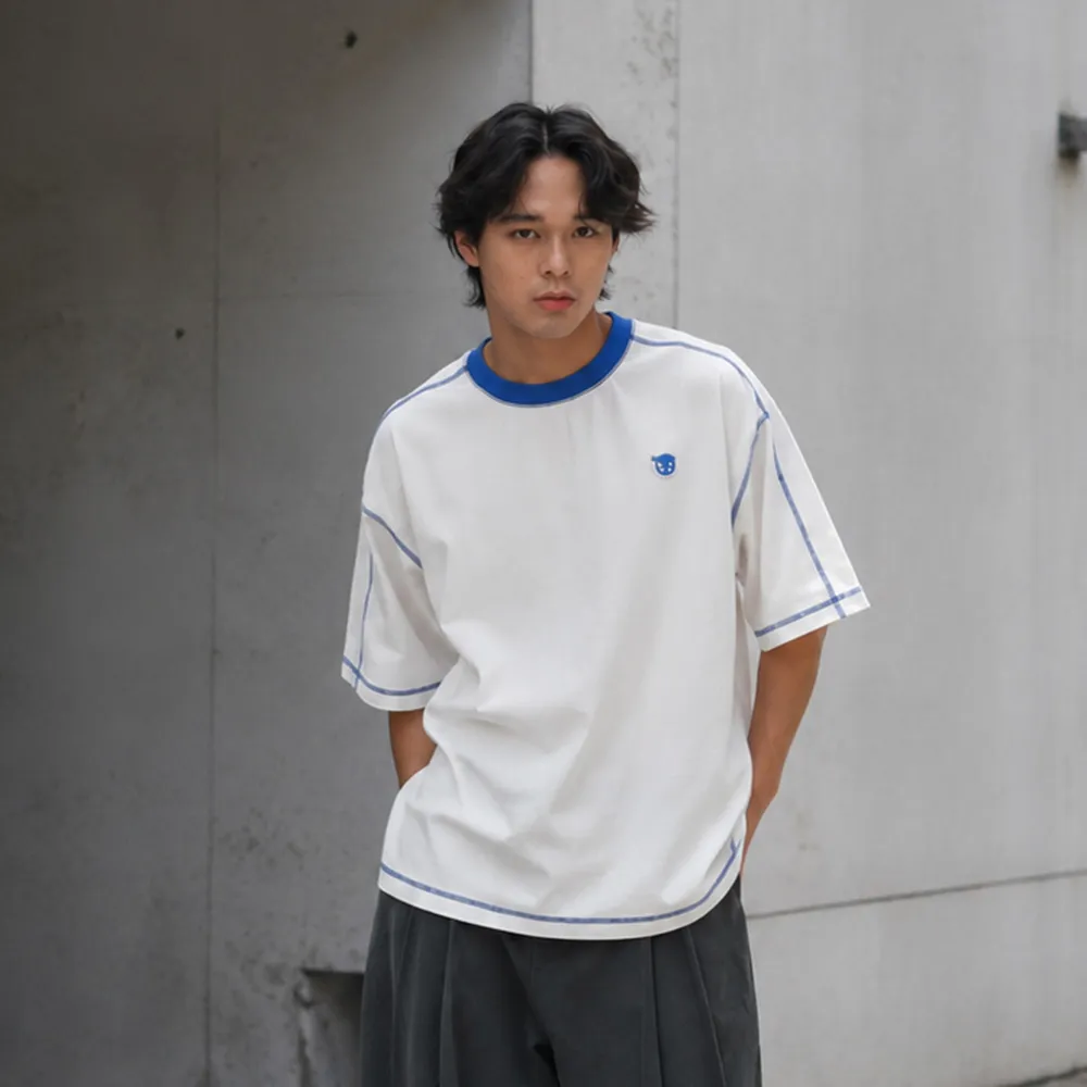 【plain-me】男女款 短袖上衣 條紋 短T 毛巾布 男女裝  寬鬆  小P社長撞色爬線短袖TEE_PPP0013-262