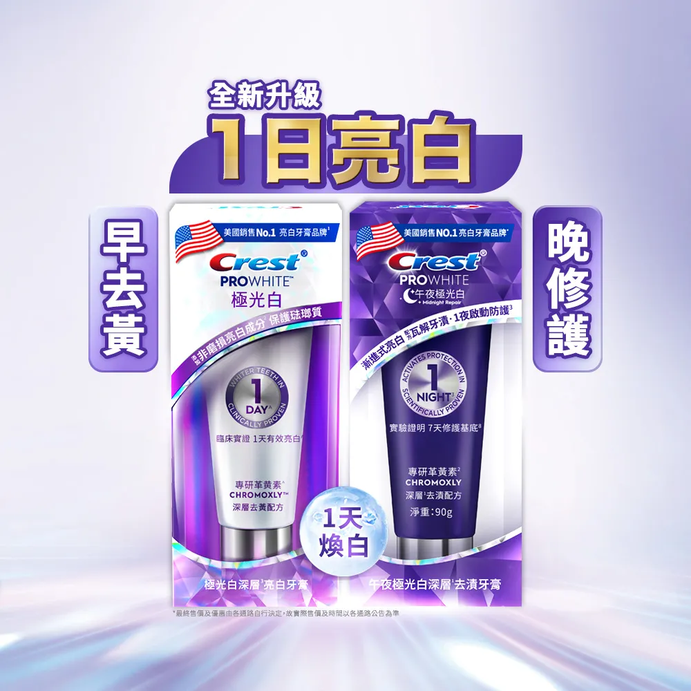 【Crest】1日亮白新客組-極光白深層亮白 美白牙膏90g 2入．牙齒美白(1天亮白/革黃素/牙齒美白/極光小白管)