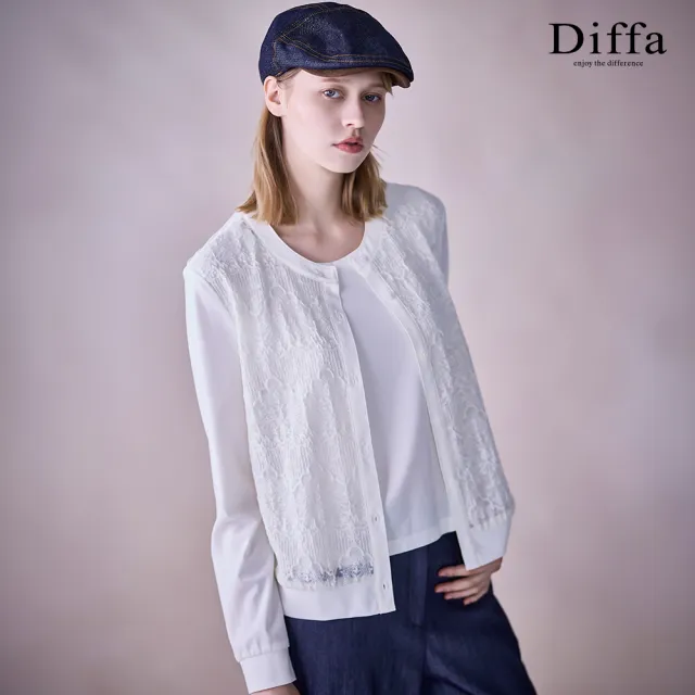 【Diffa】蕾絲拼接假兩件長袖針織衫-女