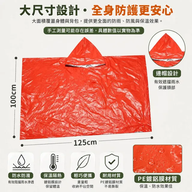 【BOBOLIFE】戶外應急防水保溫雨衣 5入組 附口哨 防災必備 緊急避難 保溫雨衣 輕便雨衣 登山雨衣