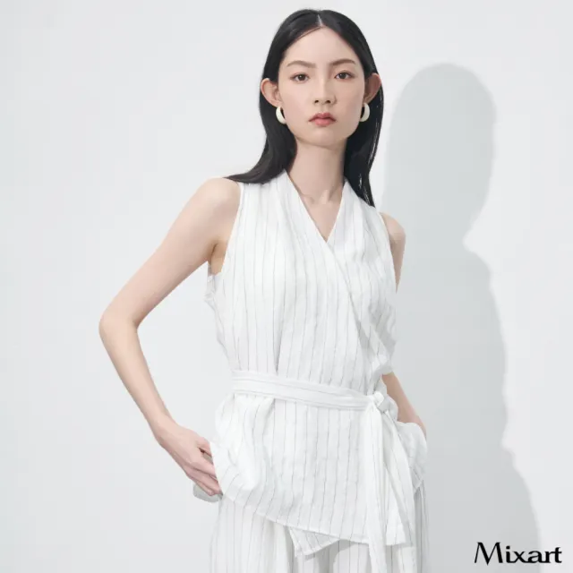 【Mixart】無袖套裝  智性美學 淨白條紋鬆弛感套裝