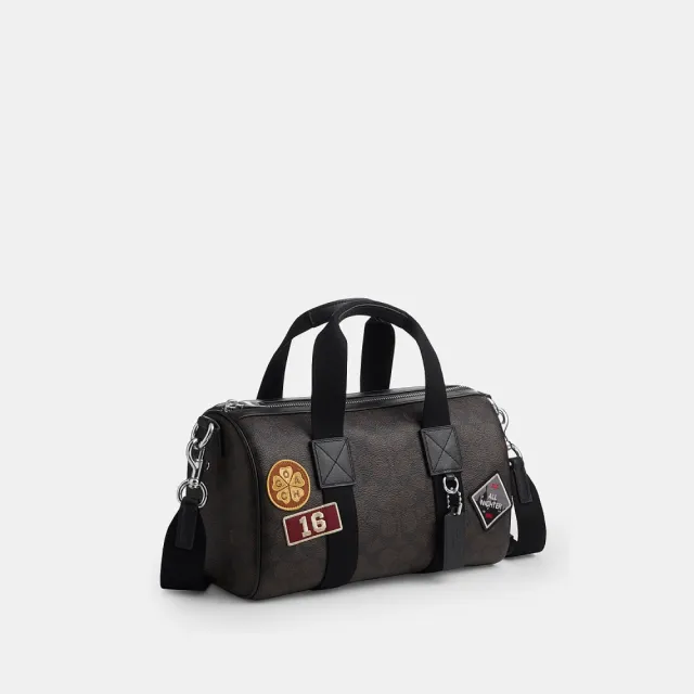 【COACH】蔻馳官方直營 EXPLORER 28 經典 SIGNATURE 貼飾行李袋 旅行袋 斜背包-SV/核桃棕色/黑色(CGA26)