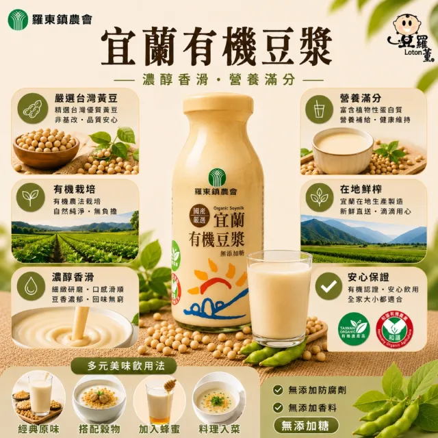 【農會】羅東鎮農會 宜蘭有機豆漿x4箱 (195ml*12入)(健康飲品/豆奶/無糖)