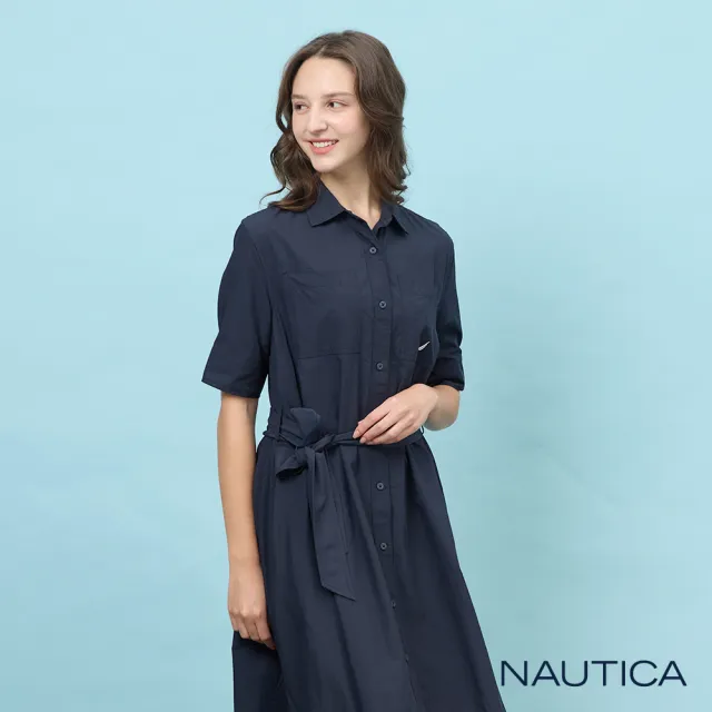 【NAUTICA】官方旗艦 女裝 綁帶襯衫風連身素色洋裝-深藍色