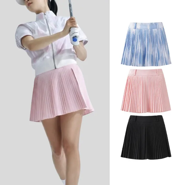 【DESCENTE】GOLF 迪桑特 AIR HOLE 女款 高爾夫短裙 透氣 輕量 百褶裙 運動裙 內附安全褲(黑/淺藍/粉)