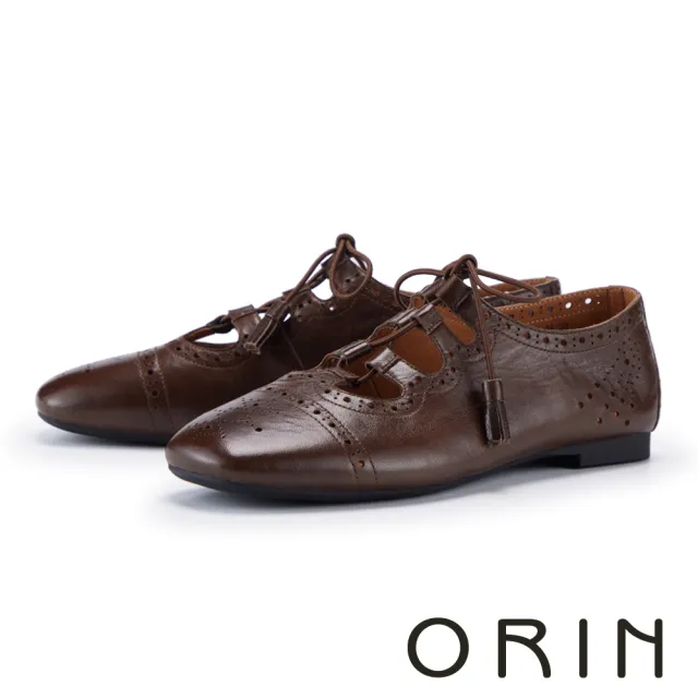 【ORIN】打蠟羊皮復古雕花綁帶牛津鞋 咖啡