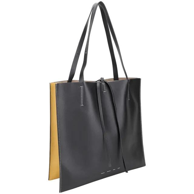 【Proenza Schouler】PS1 Twin 大款 撞色小牛皮肩背托特包(黑x芥末黃 側背包 通勤包 LOEWE設計總監品牌)