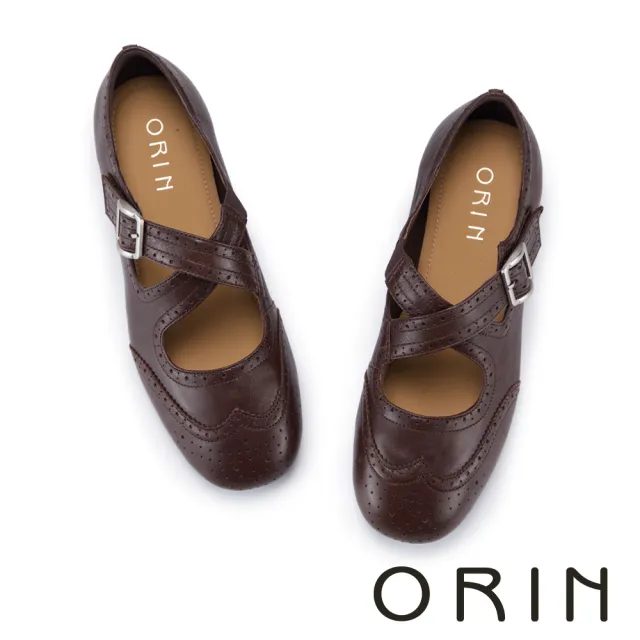 【ORIN】油蠟羊皮雕花金屬釦平底鞋 咖啡