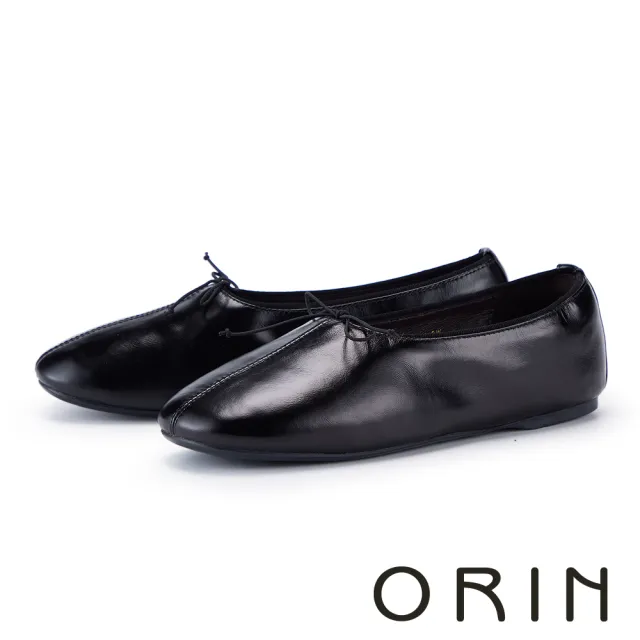 【ORIN】柔軟牛油皮細帶蝴蝶結方頭平底鞋 黑色