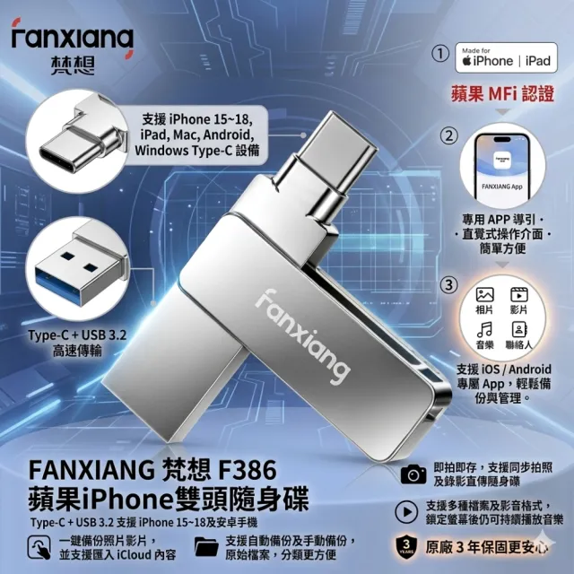 【FANXIANG 梵想】F386 128GB蘋果iPhone雙頭隨身碟2026新版APP支援iphone15-18及安卓手機及電腦