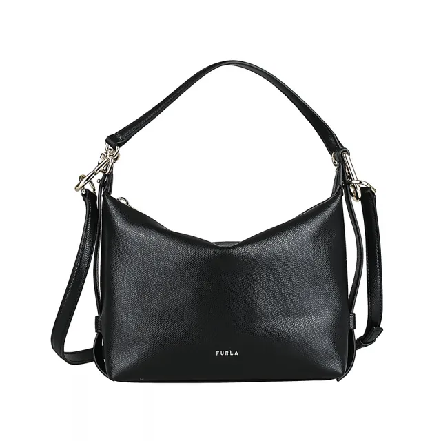 【FURLA 芙拉】FURLA 金屬LOGO Tonie系列小牛皮拉鍊肩背/斜背包(迷你/黑)