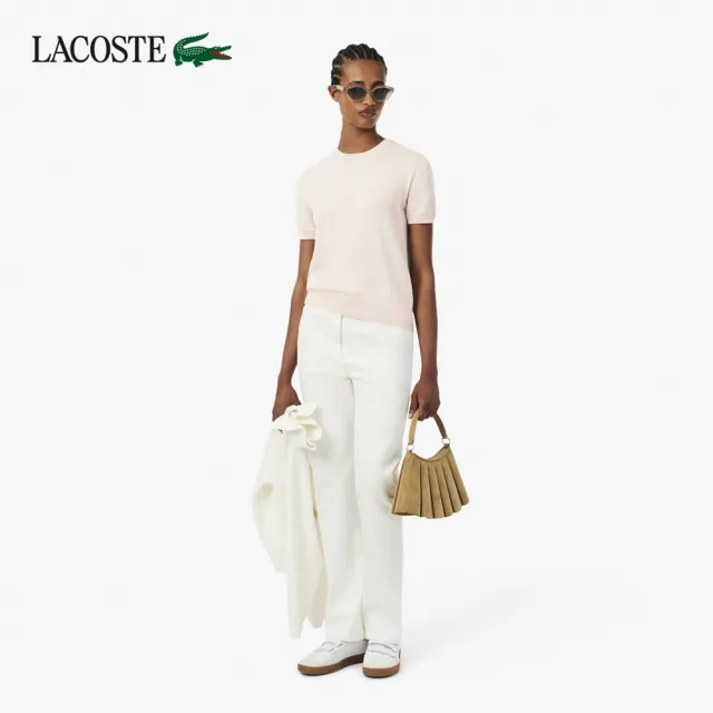 【LACOSTE】女款-3D立體針織短袖毛衣(粉紅色)
