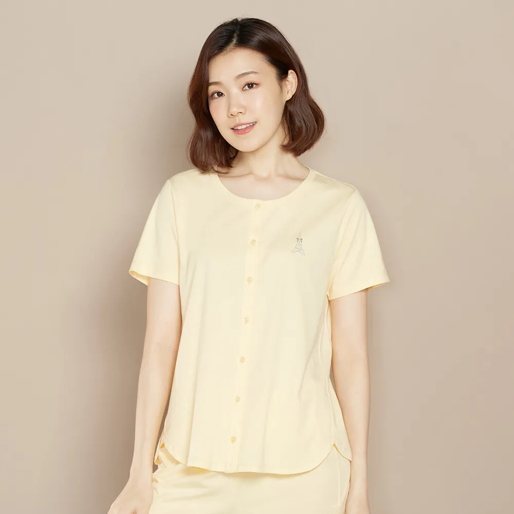 【YVONNE 以旺傢飾】出清品 乳木果巴黎鐵塔開襟短袖上衣(鵝絨黃)
