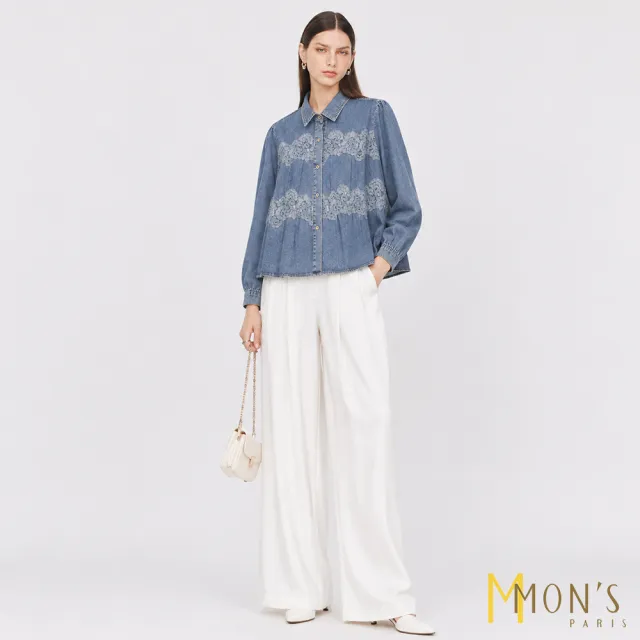 【MON’S】立體花蕾絲拼接傘擺牛仔衣(2色任選)