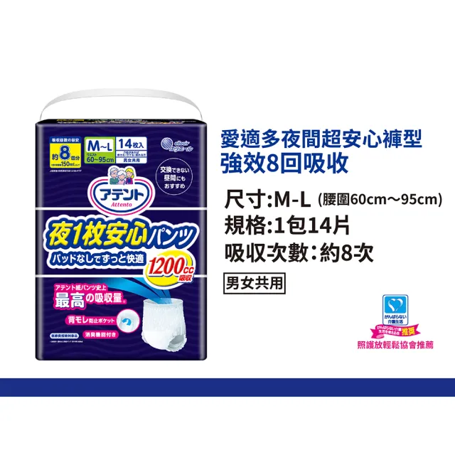 【日本大王】愛適多 夜間超安心褲型強效8回吸收男女共用M-L(2箱組)