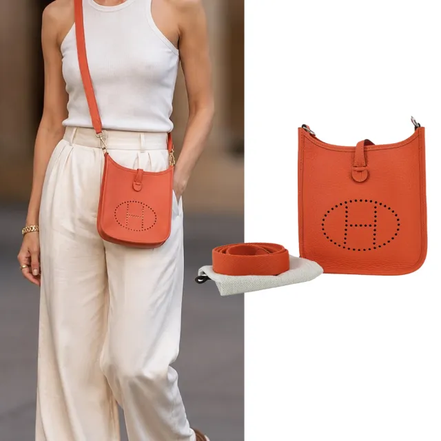 【Hermes 愛馬仕】Evelyne 16CM T/C G刻 H LOGO 牛皮斜/肩背包(FT橘/銀釦)