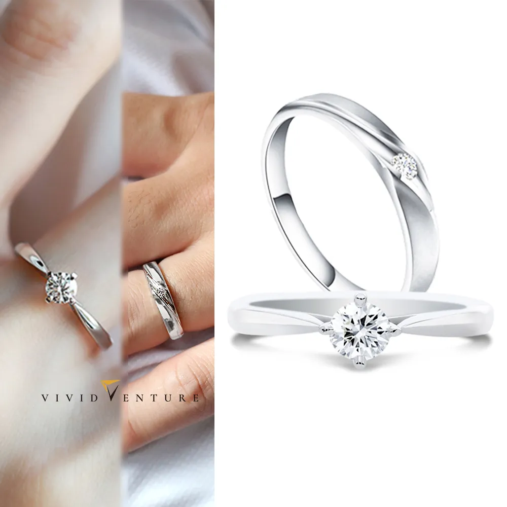 【Vividventure 亞帝芬奇】14K 天然鑽石 GIA 30分 FSI2 戒指+10分 鑽石 男戒 愛的相遇(結婚 對戒 套組)