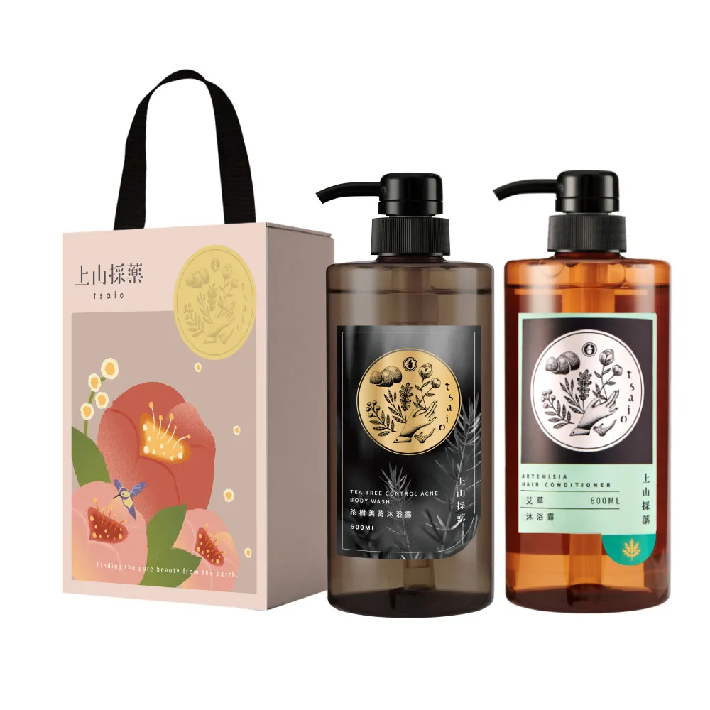 【tsaio 上山採藥】momo獨家禮盒★五星沐浴600ml*2入組(艾草/茶樹沐浴乳/送禮)