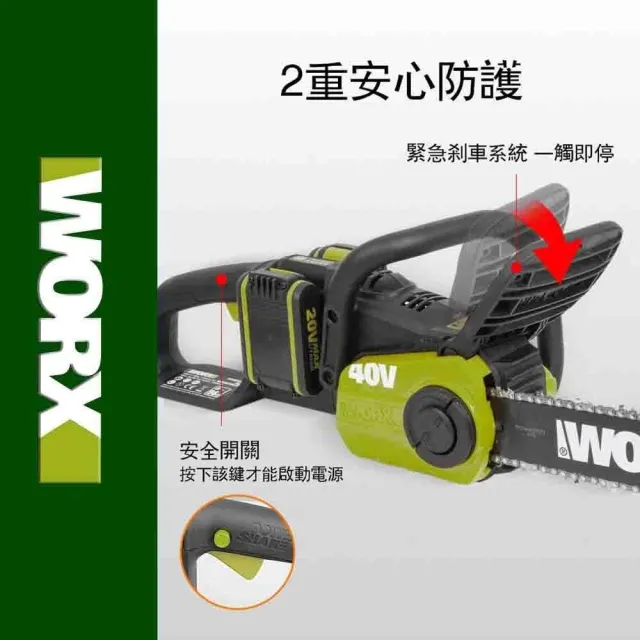 【WORX 威克士】40V 40cm 鏈鋸 WD384.9+F48(可用博世電池 電鋸 鏈鋸機 無刷 鋰電 園藝 切樹 電動鋸子)
