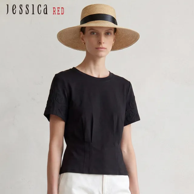 【Jessica Red】簡約氣質刺繡腰身棉質短袖上衣(黑)R63605