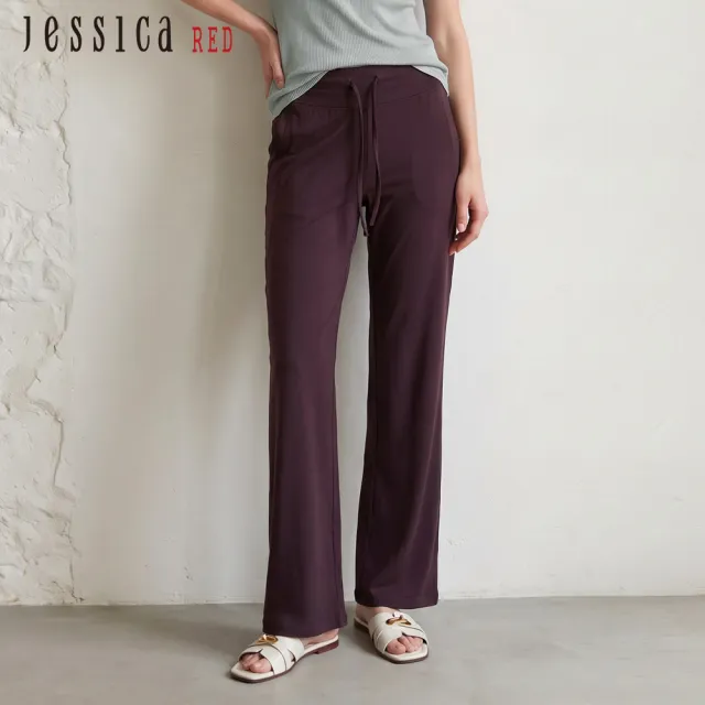 【Jessica Red】百搭休閒素色抽繩彈性寬褲R63206
