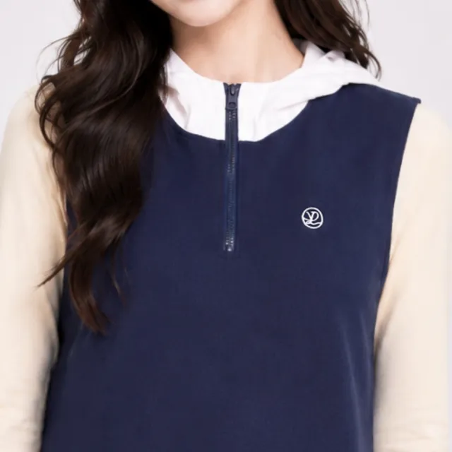 【YUANDONGLI 元動力】俐落撞色連帽背心洋裝(深藍；S-L；4263757306)