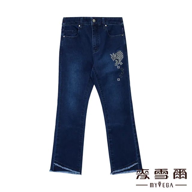 【MYVEGA 麥雪爾】高含棉字母刺繡燙鑽褲管抽鬚牛仔褲-深藍