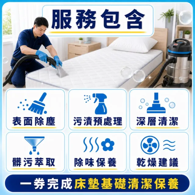 【森友家】特談★雙人床墊清洗卷(酵素、水洗抽吸徹底洗淨)