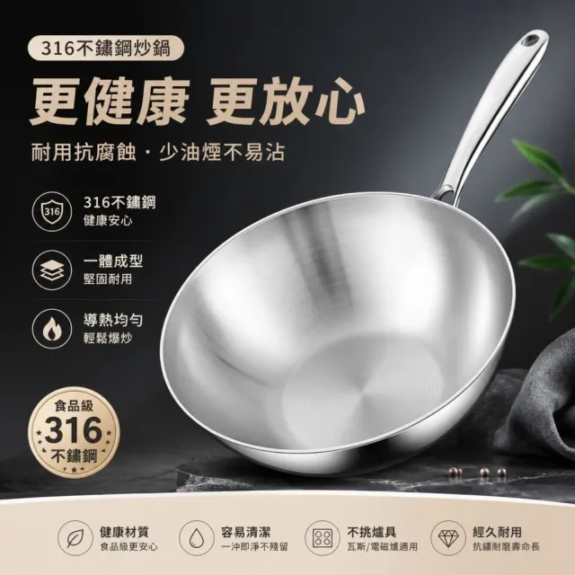 【銘利萊】316不鏽鋼炒鍋 加厚七層鋼煎炒鍋 不粘鍋 無塗層無蓋 明火電磁爐通用 24cm炒菜鍋