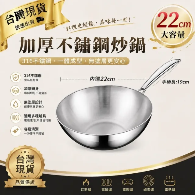 【銘利萊】22cm迷你炒鍋 316不鏽鋼炒鍋 不粘小炒鍋 煎炒鍋 炒菜鍋 煎鍋 加厚七層鋼 明火電磁爐通用