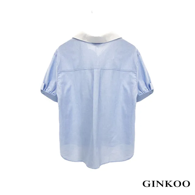 【GINKOO 俊克】藍白緹花珍珠釦短袖襯衫