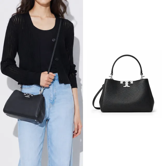 【TORY BURCH】ELEANOR SOFT 荔枝紋皮革金字LOGO手提/斜背兩用包(迷你/黑銀)