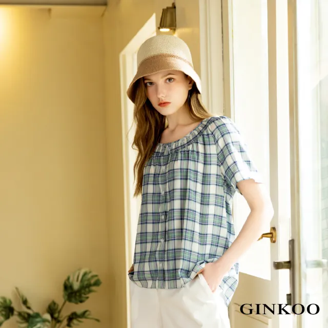 【GINKOO 俊克】格紋前開襟拉克蘭袖上衣