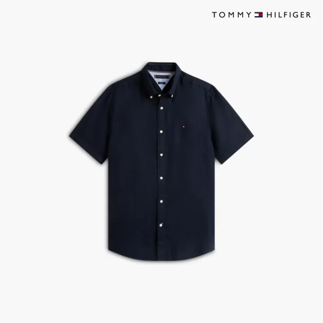 【TOMMY HILFIGER】官方旗艦館棉麻短袖襯衫 藍色