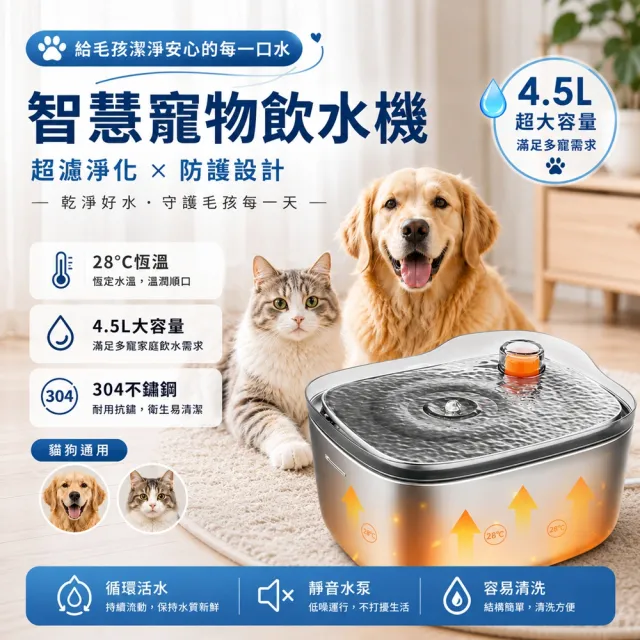 【IPSKY】不鏽鋼寵物飲水機 貓咪飲水機 4.5L 恆溫加熱 自動循環活水 狗狗飲水器 喝水器 餵水器 貓狗通用