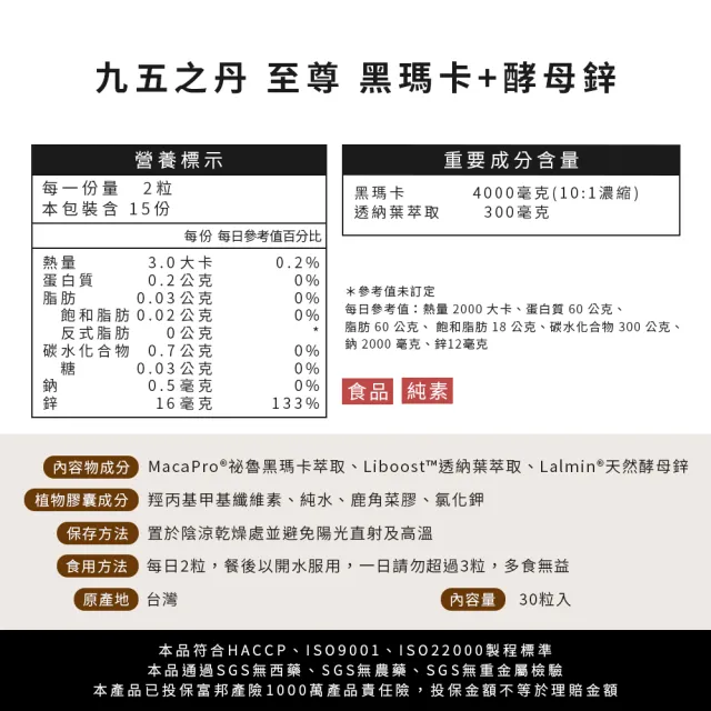 【JIU WU DAN 九五之丹】連五年世界品質金獎黑瑪卡+酵母鋅 6入組共180粒(4000mg祕魯黑馬卡 瑪卡 祕魯人蔘)