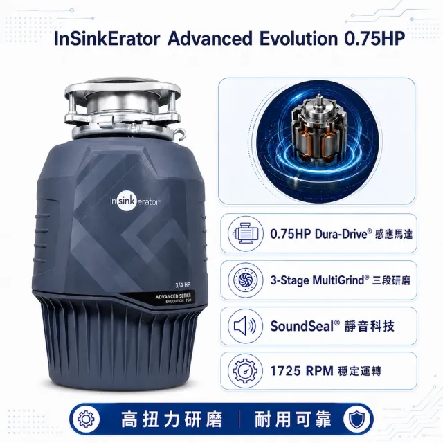 【美國Insinkerator】旗艦機種 Advanced Evolution 3/4HP 廚餘機 鐵胃 食物處理機 廚下型廚餘機(兩年保固)