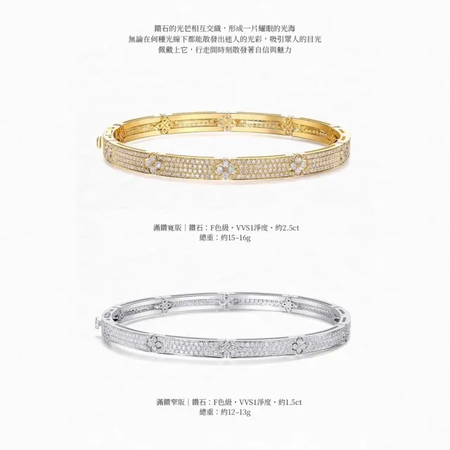 海斯珠寶 1.5克拉天然鑽石 18K金手鐲 圓形明亮式切割 滿鑽密鑲工藝 四葉草Lucky系列