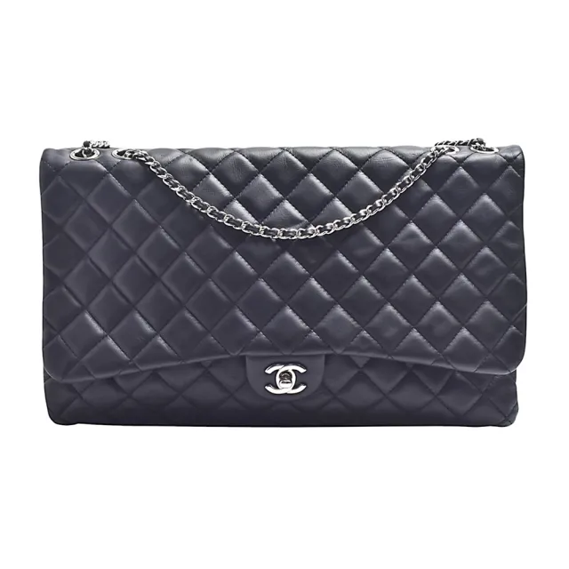【CHANEL 香奈兒】經典銀色雙C LOGO菱格紋小羊皮三層風琴包/肩背包(黑色)