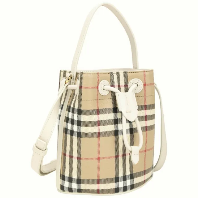 【BURBERRY 巴寶莉】Vintage Check Mini 格紋塗層帆布手提/肩斜背水桶包(典藏米x皂米色 抽繩 束口包)