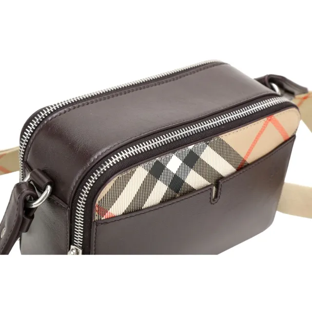 【BURBERRY 巴寶莉】牛皮拼接格紋帆布雙層手拿 肩斜背相機包包(泥炭棕x沙米色)