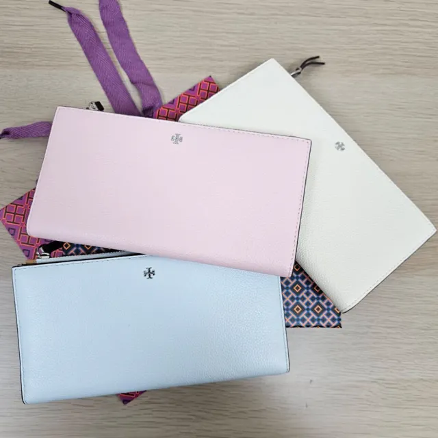 【TORY BURCH】TB經典LOGO牛皮荔枝紋薄對開拉鍊袋長夾冰淇淋色系禮盒組送禮原廠紙袋