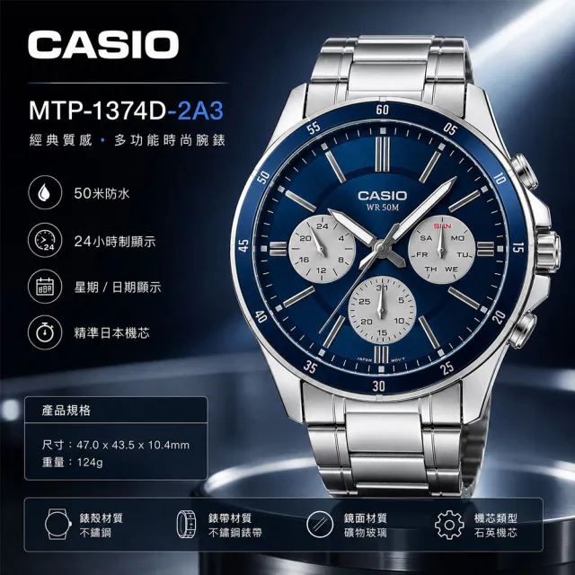 【CASIO 卡西歐】MTP-1374D-2A3  三眼賽車風格指針錶(時尚潮流 錶徑約4.35公分)