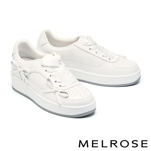 【MELROSE】美樂斯 甜美率性蝴蝶結牛皮緞布鞋帶厚底休閒鞋(白)