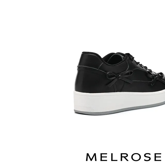 【MELROSE】美樂斯 甜美率性蝴蝶結牛皮緞布鞋帶厚底休閒鞋(黑)