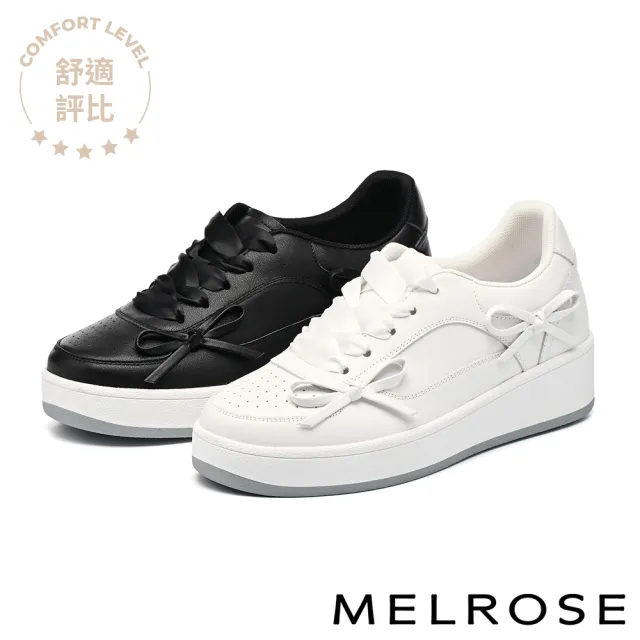 【MELROSE】美樂斯 甜美率性蝴蝶結牛皮緞布鞋帶厚底休閒鞋(黑)