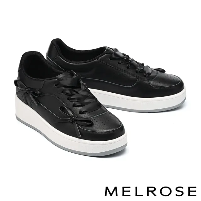 【MELROSE】美樂斯 甜美率性蝴蝶結牛皮緞布鞋帶厚底休閒鞋(黑)